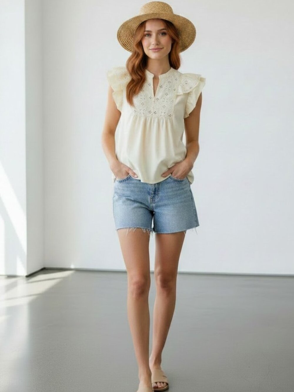 Umgee NWT Boutique Cottage Core Eyelet Blouse Flutter Sleeve Sz S